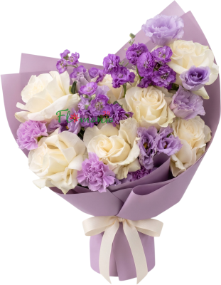 Букет «Черничный пломбир» из роз, матиоллы и эустомы